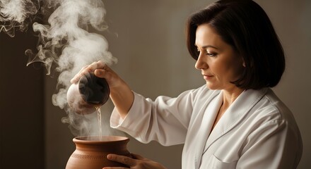 Serene Spa Ritual Woman pours steaming water into a clay pot, creating a calming and therapeutic atmosphere for wellness and relaxation.