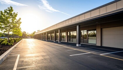 Obraz premium Modern commercial building with parking lot at dawn