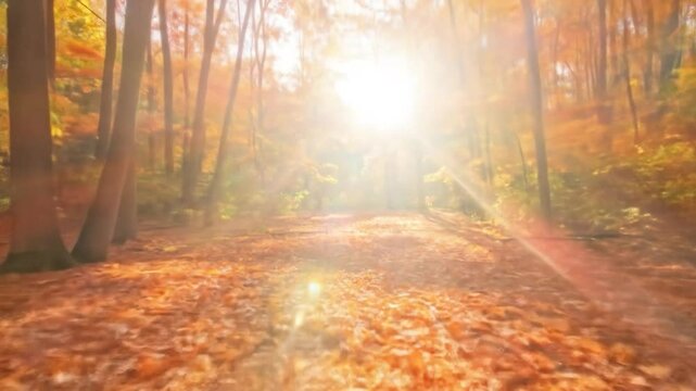 Autumn woodland scene with sunlight through trees, path covered in leaves