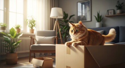 A ginger cat sits atop a cardboard box in a sunlit, cozy living room.