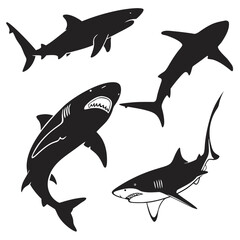 Four black shark silhouettes showing different poses and angles white ocean