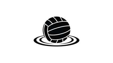 Black and white graphic of a volleyball resting on concentric circles