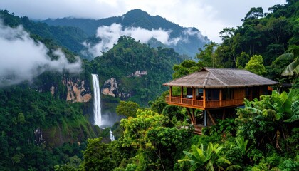 Fototapeta premium Lush rainforest, waterfall, and treehouse