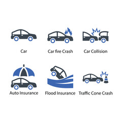 Car, fire Crash, Car Collision, Auto Insurance, Flood Insurance, Traffic Cone Crash, icon