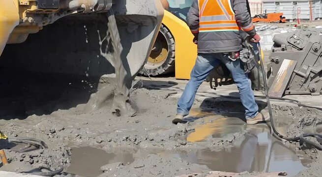 A construction worker using equipment near a yellow scott machine in a muddy construction site area