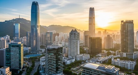 Obraz premium A cityscape view of Hong Kong at sunset, featuring skyscrapers and mountains in the background.