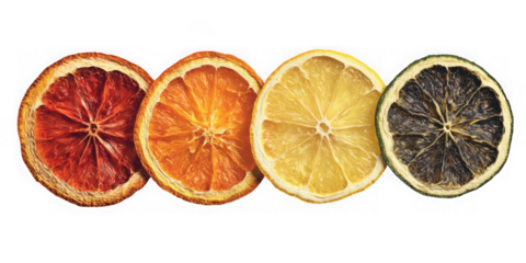 Four dried citrus fruit slices including blood orange orange lemon and lime isolated on transparent background