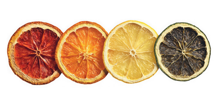 Four dried citrus fruit slices including blood orange orange lemon and lime isolated on transparent background