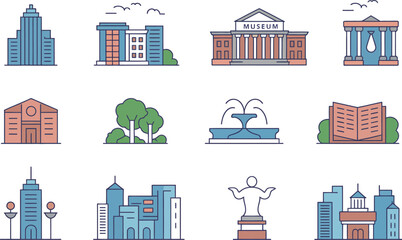 Twelve illustrations depicting buildings, trees, fountain, and statue on white background