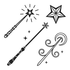 Four magical wand silhouettes with stars and swirls magic wand wizard