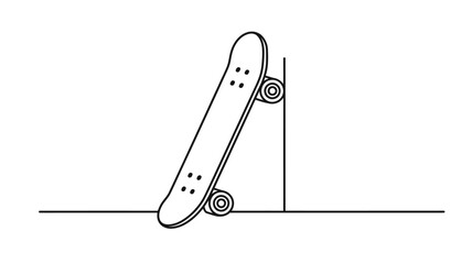 Simple line drawing of a skateboard leaning against a wall and ground © Mst