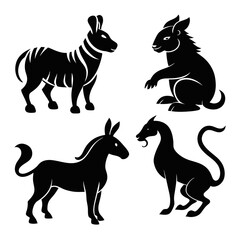 Four stylized black animal silhouettes on white horse donkey
