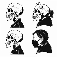 Four stylized black and white portraits skulls and human skeleton demon