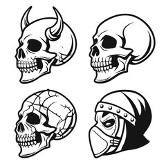 Four stylized skull illustrations with horror themes demon warrior