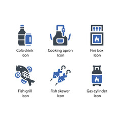 Cola drink, Cooking apron, Fire box, Fish grill, Fish skewer, Gas cylinder, icon