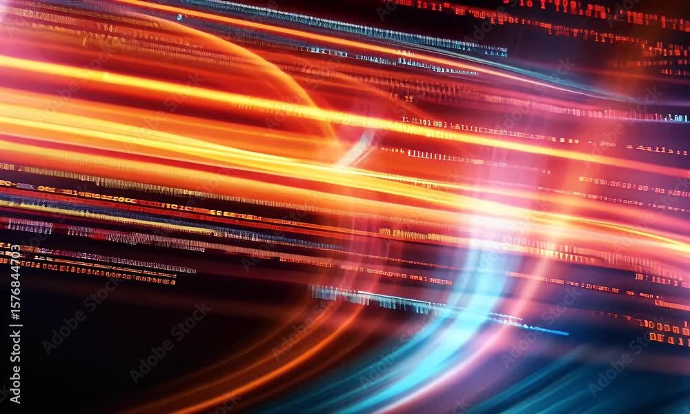 Poster a blurred background of computer code and data streams, representing fast-paced digital technology w