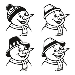 Happy snowman faces with winter hats and scarves holiday character
