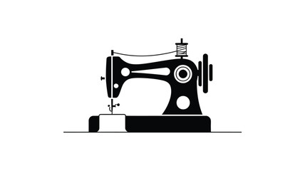Vintage black silhouette of a sewing machine with thread on a white background