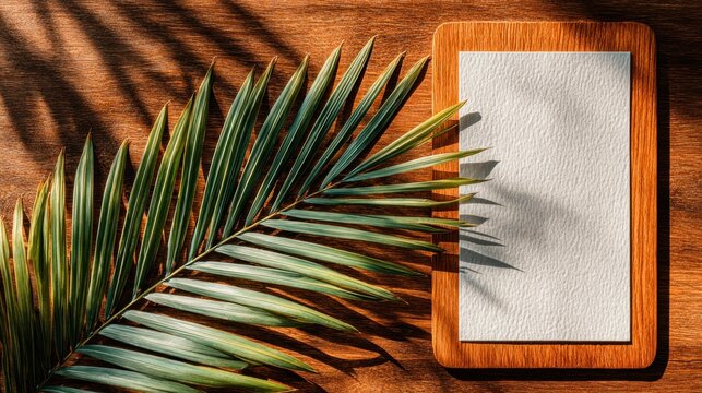 Light-toned paper on wooden board, palm leaf shadows