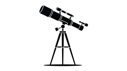 Black silhouette of a telescope on a tripod against a white background