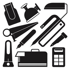 Office supplies collection black silhouettes stationery stapler