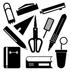 Office supplies collection including stapler pen scissors and book stationery