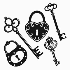 Ornate antique locks and keys silhouettes black vector