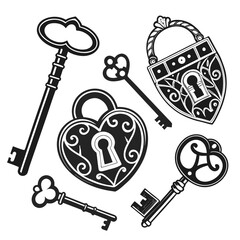 Ornate vintage lock and key silhouettes vector