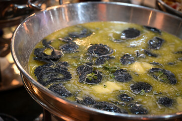 ravioli, black ravioli, pasta, black ravioli with grana padano cream, Italian food,  noodles, black pasta
