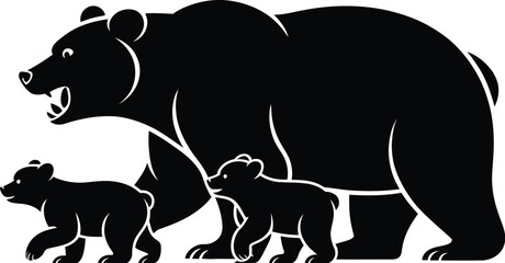 Mother bear and cubs walking family black
