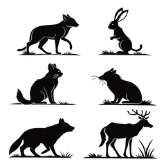 Six animal silhouettes on white background animals wildlife