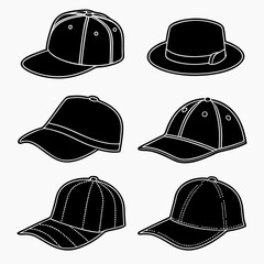 Six black and white hat silhouettes baseball caps and fedora hats