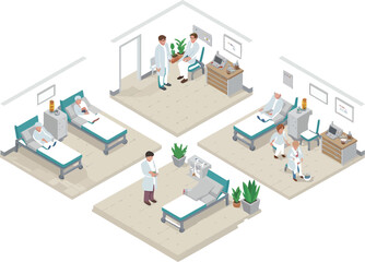 Isometric hospital scene depicting doctors patients and medical equipment rooms