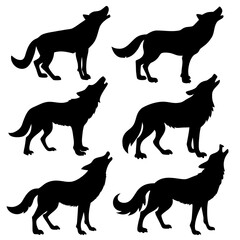 Six black wolf silhouettes howling and standing wolves