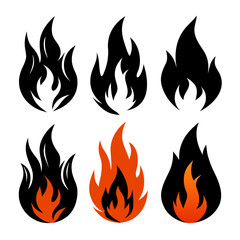 Six stylized fire flame icons in black and orange symbol heat