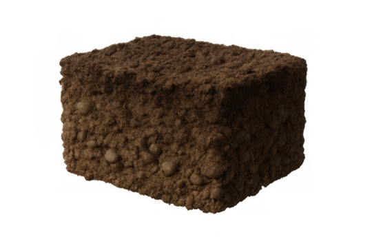 Cubic sample of soil with transparent background, perfect for agriculture and environment concepts