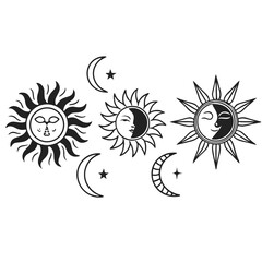 Stylized sun and moon celestial icons with faces and stars crescent