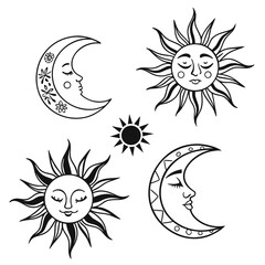 Stylized sun and moon icons with faces and decorative elements celestial