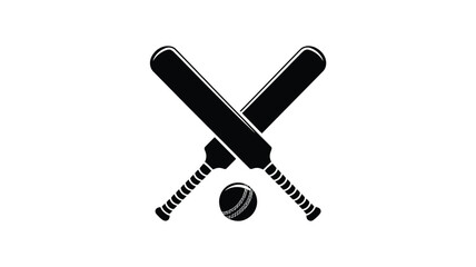 Two black cricket bats crossed with a cricket ball in the center on a white background