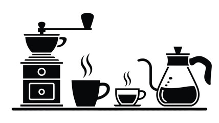 Black and white illustration of coffee making equipment and hot beverages