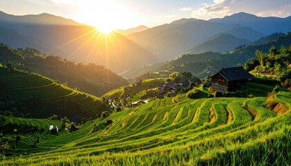 Lush terraced rice paddies at sunset