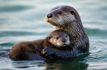 Mother and baby otter in the water: Heartwarming moment captured with curious expressions and beautiful bluegreen water backdrop.