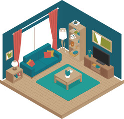 Isometric living room illustration featuring a blue sofa and wooden furniture