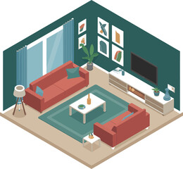 Isometric living room with red couches, green rug, and abstract art on the wall