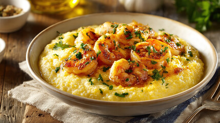 Creamy shrimp and grits with garlic parsley garnish in rustic bowl, southern comfort food closeup