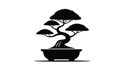 Stylized black silhouette of a mature bonsai tree in a pot