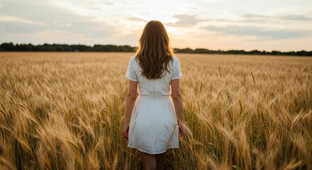 Woman walks through wheat field at sunset