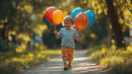 a child with balloons running in a park
