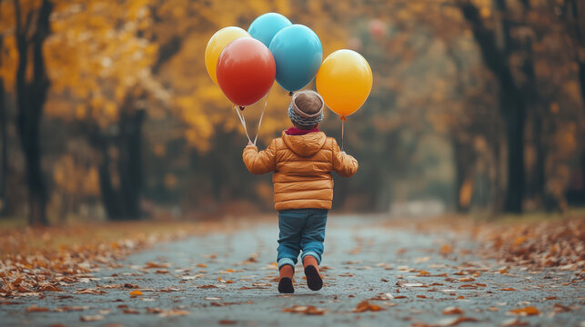 a child with balloons running in a park
