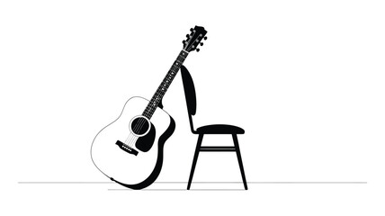 Acoustic guitar leaning against a simple chair on a white background